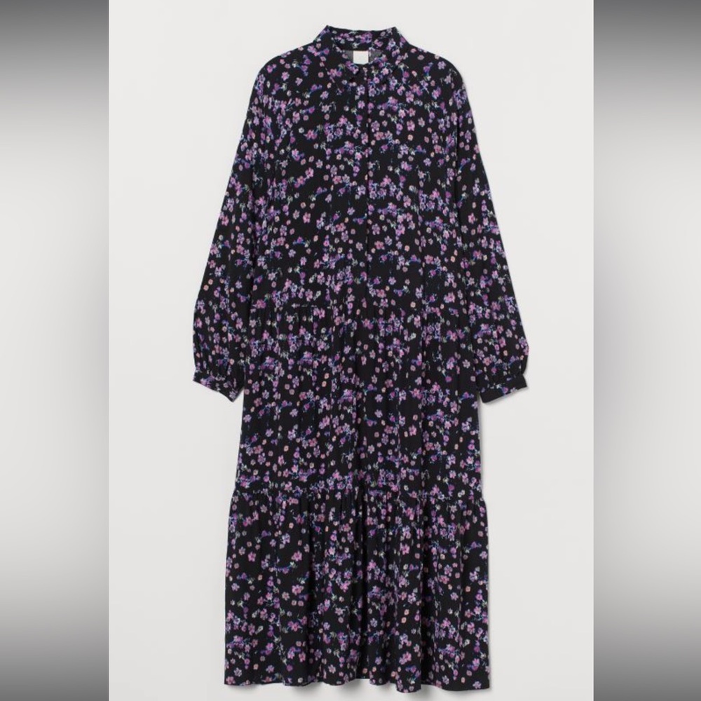 Collared black/purple flower midi dress. Size XS